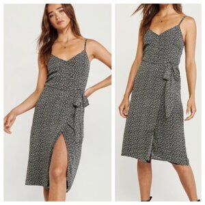 Abercrombie Ditsy Floral Chiffon Black & White Wrap Tie Front Midi Dress